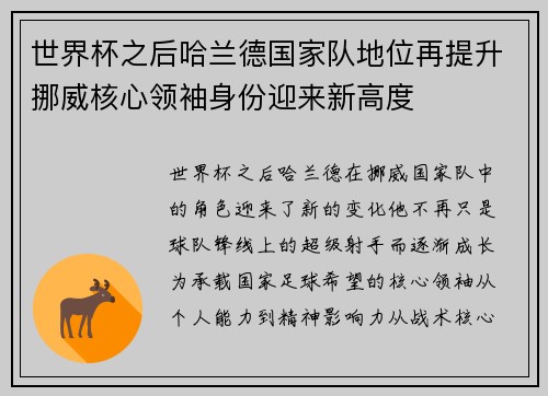 世界杯之后哈兰德国家队地位再提升挪威核心领袖身份迎来新高度